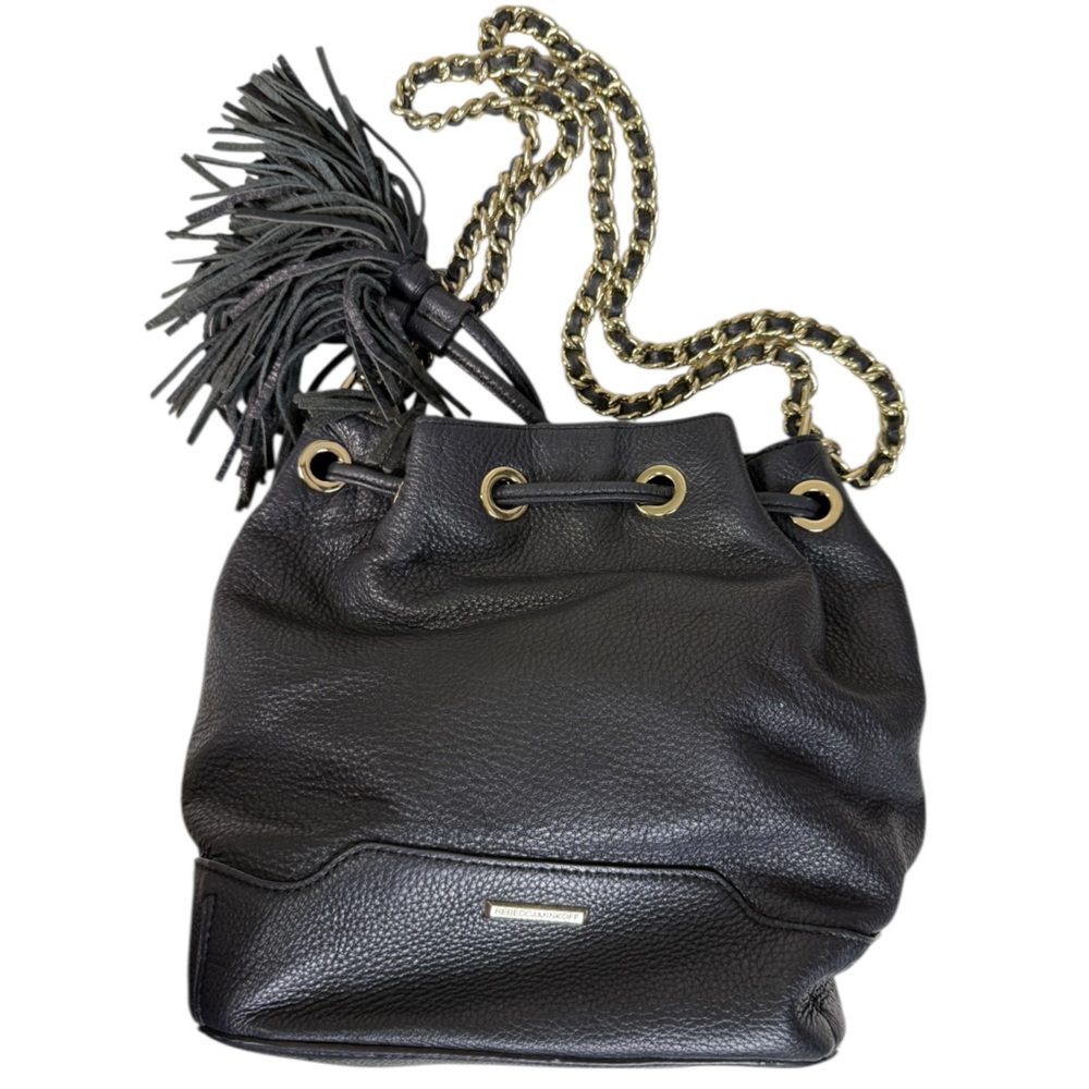 Rebecca Minkoff Lexi Black Leather Bucket Bag Chain Strap Tassel Drawstring